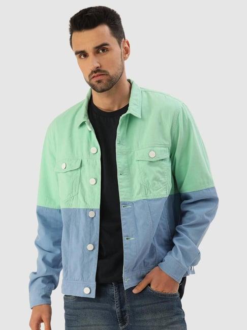 bene kleed green & blue regular fit colour block jacket