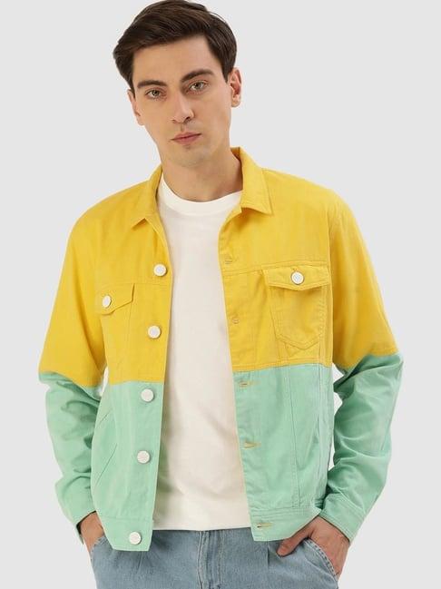 bene kleed yellow & green regular fit colour block jacket