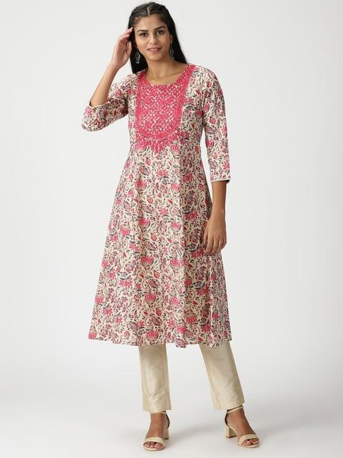 saffron threads beige & pink cotton embroidered a line kurta