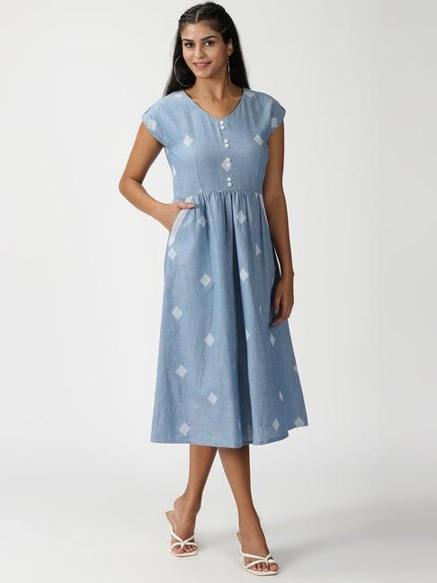 saffron threads blue cotton printed a-line dress