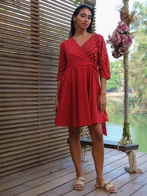 okhai red sea red pure cotton hand embroidered a-line dress