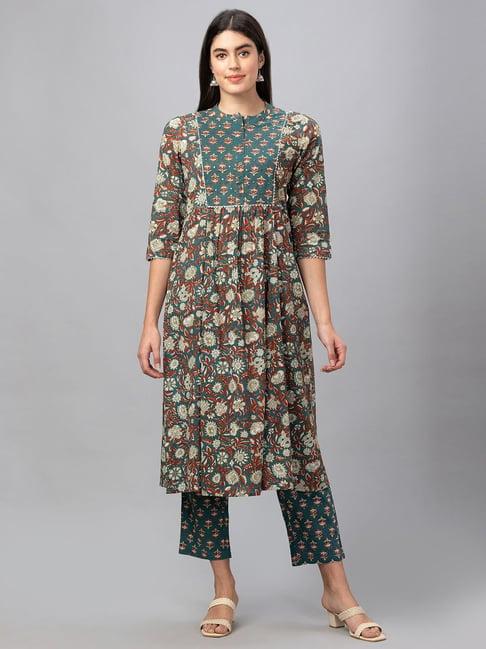 globus green cotton floral print kurta pant set