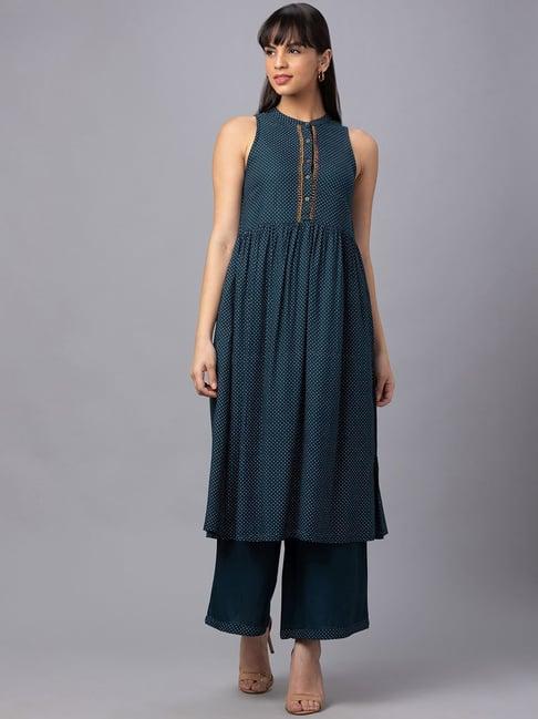 globus teal blue printed kurta palazzo set