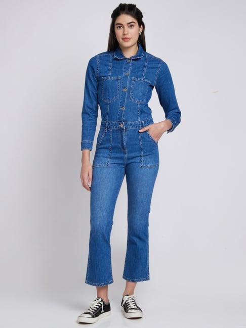 spykar blue shirt collar jumpsuit