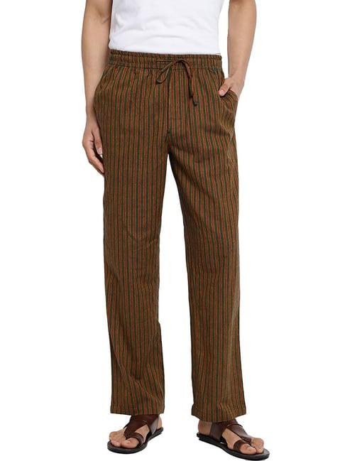 fabindia green & yellow comfort fit striped trousers