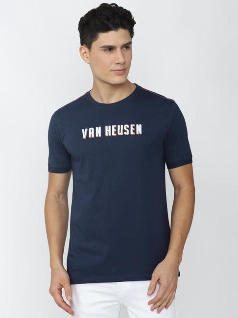 van heusen denim labs navy blue regular fit printed t-shirt