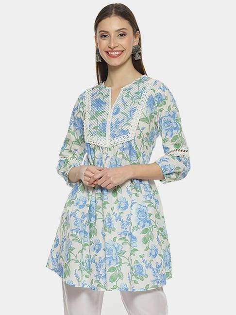 biba white & blue cotton floral print a line kurti