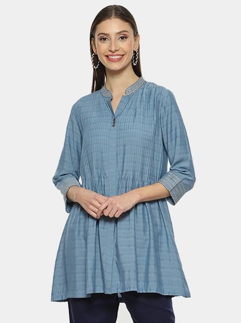 biba blue embroidered a line kurti