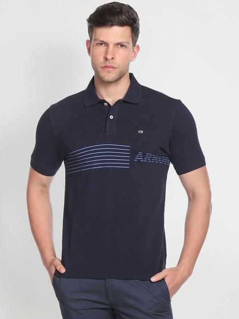 arrow sport navy blue cotton regular fit striped polo t-shirt