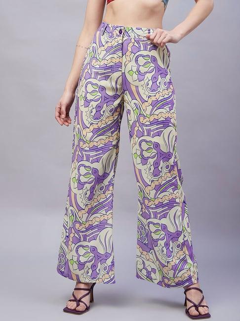 rare purple printed high rise regular fit trousers