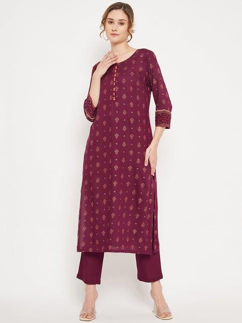 cantabil maroon printed kurta with pants