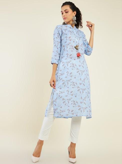 soch blue linen printed straight kurta