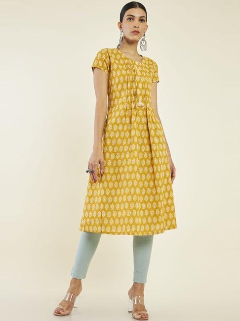 soch mustard cotton printed a line kurta