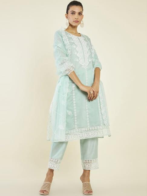 soch blue embroidered kurta pant set with dupatta