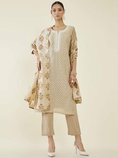 soch beige embroidered kurta pant set with dupatta