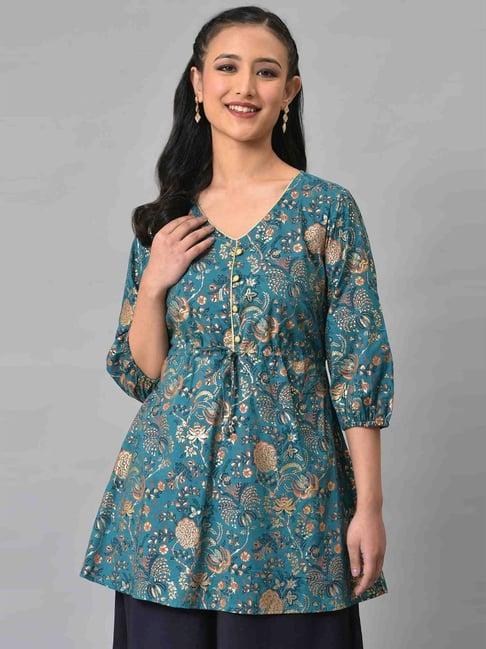 aurelia blue cotton floral print a line kurti