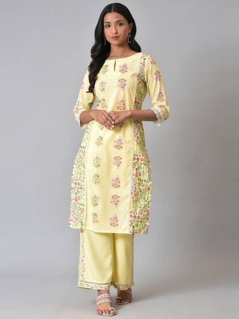 w yellow cotton floral print straight kurta