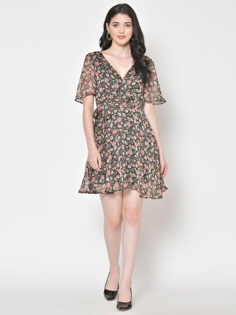 cation black floral print wrap dress