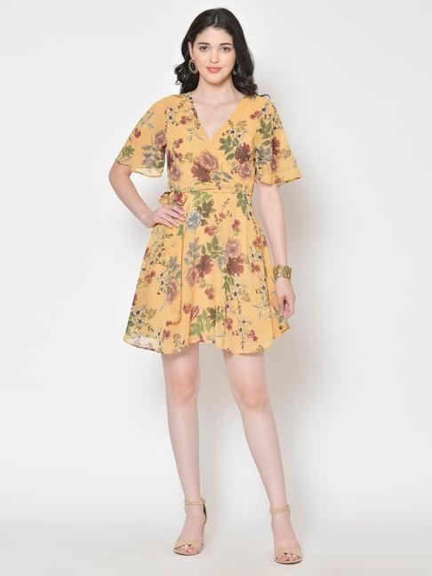 cation yellow floral print wrap dress