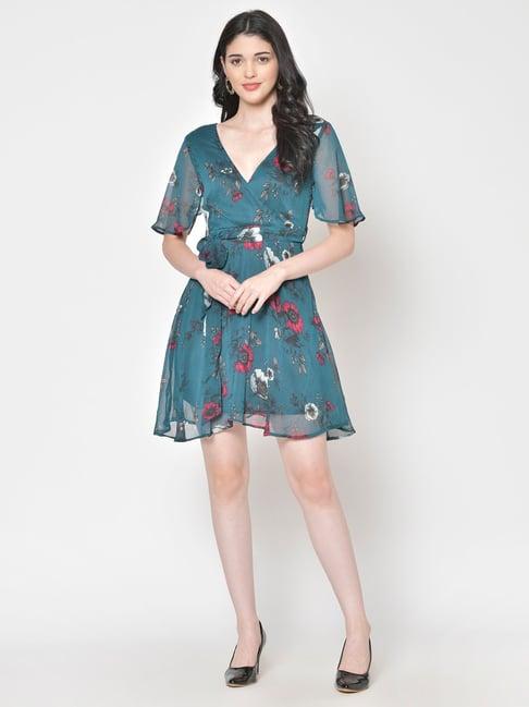 cation teal floral print wrap dress