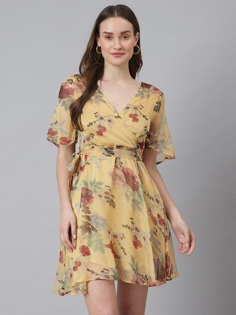 cation yellow floral print wrap dress