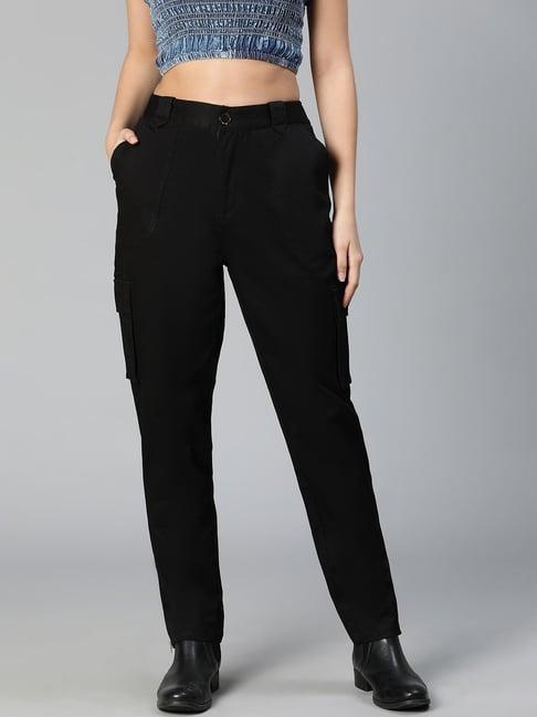 oxolloxo black cotton regular fit mid rise pants