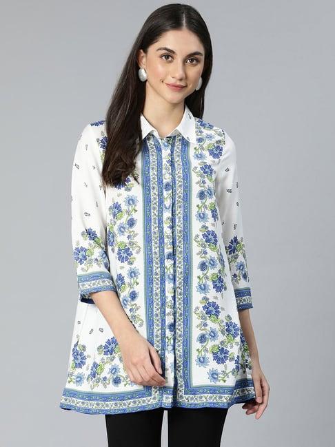 oxolloxo blue & white viscose floral print tunic