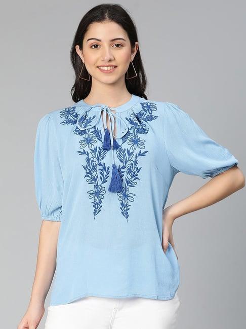 oxolloxo sky blue viscose embroidered top