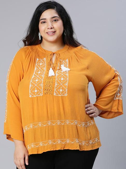 oxolloxo mustard viscose embroidered top