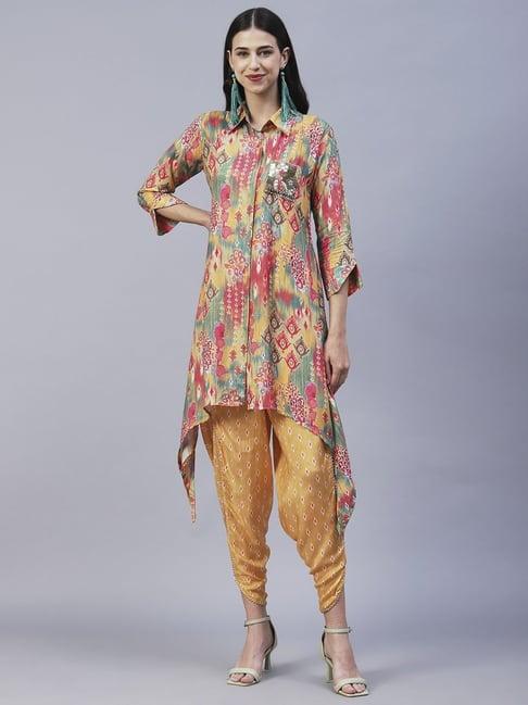 fashor multicolored printed kurti dhoti pant set