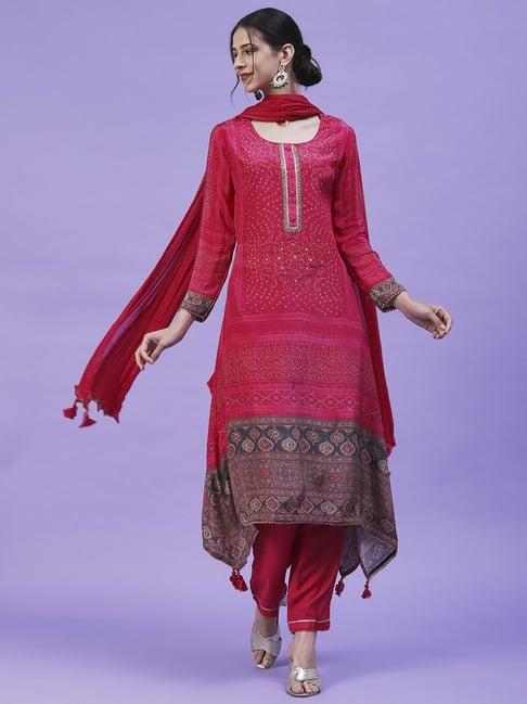 fashor pink printed kurta pant set with dupatta