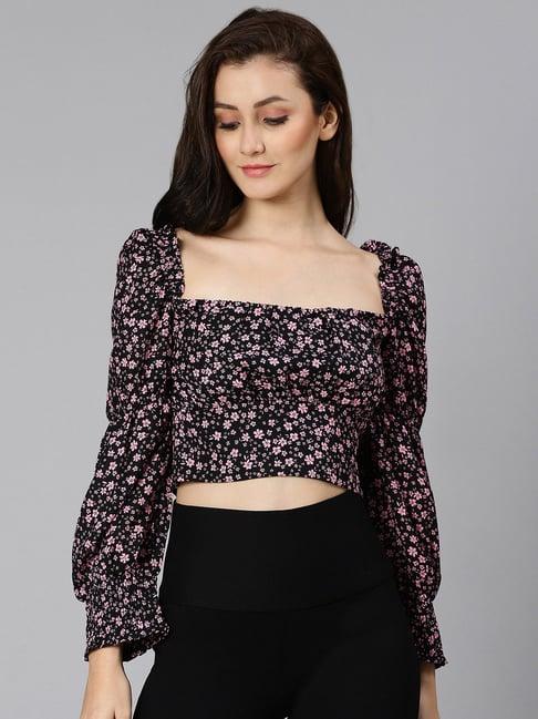 oxolloxo black & pink floral print crop top