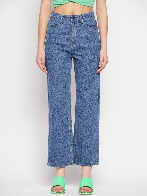 madame blue denim printed mid rise jeans