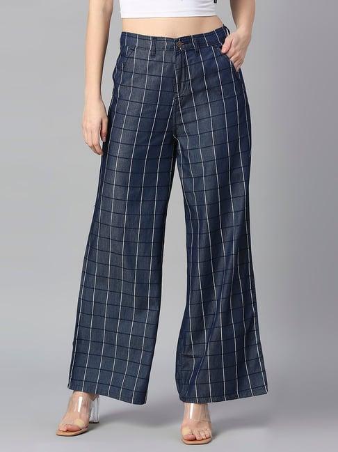 high star dark grey check flared fit high rise trousers