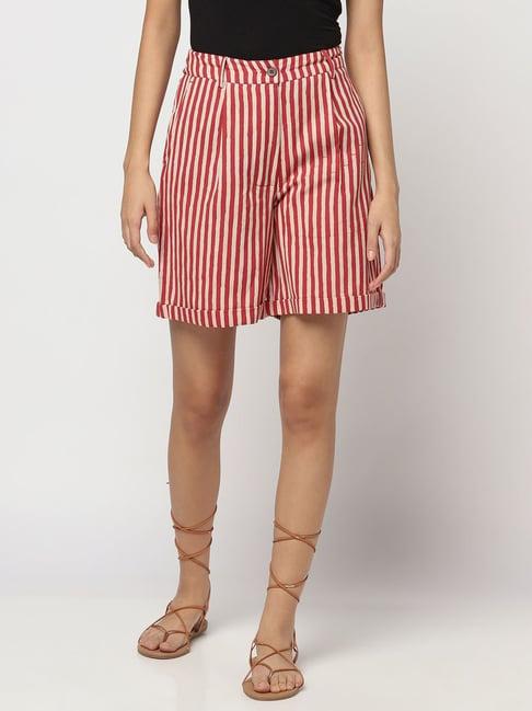 fabindia red cotton striped shorts