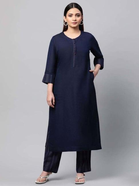 linen club woman navy linen kurta pant set