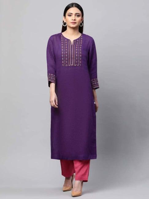 linen club woman purple linen embroidered straight kurta