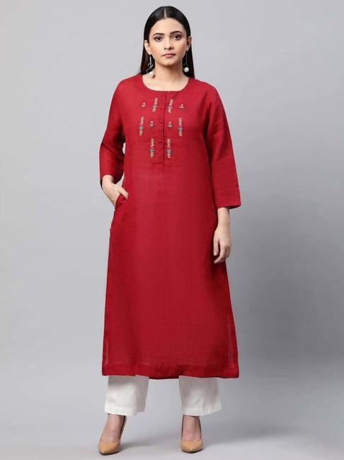 linen club woman red linen embroidered straight kurta