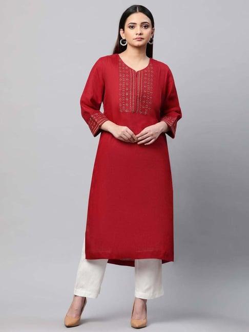 linen club woman red linen embroidered straight kurta