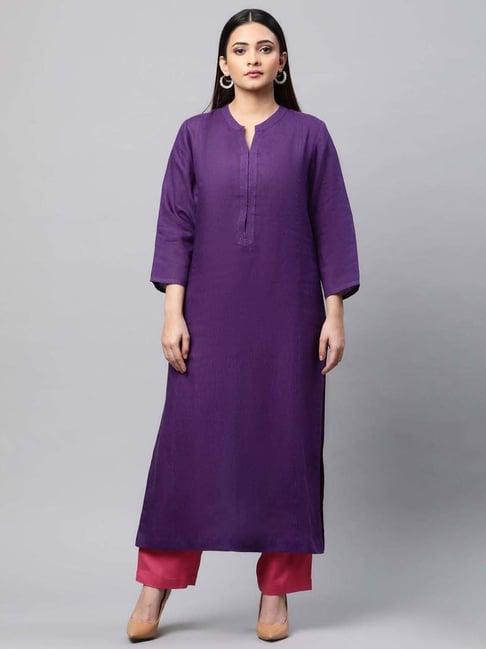 linen club woman purple linen embroidered straight kurta