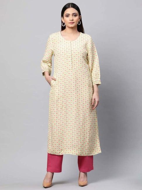 linen club woman beige linen floral print straight kurta