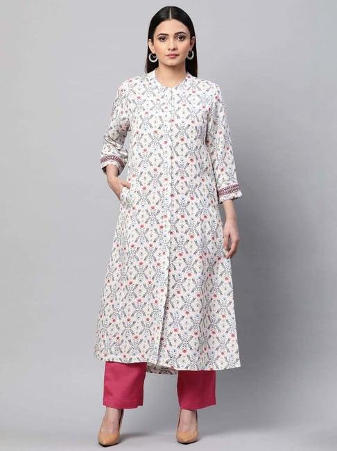 linen club woman off-white linen floral print straight kurta