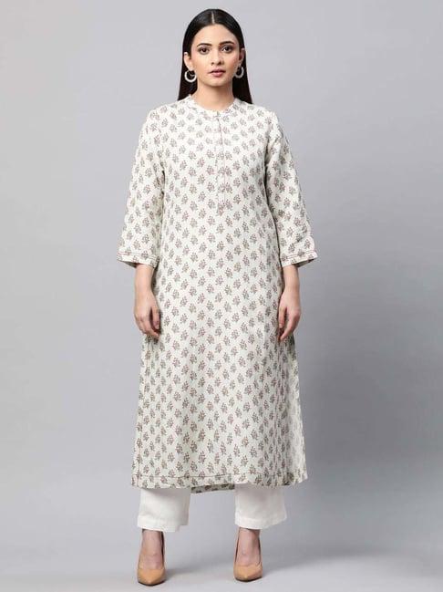 linen club woman white linen floral print straight kurta