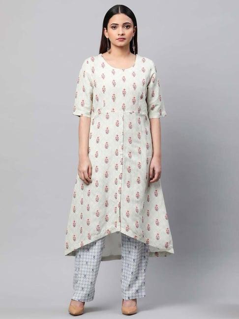 linen club woman pista green linen floral print a line kurta