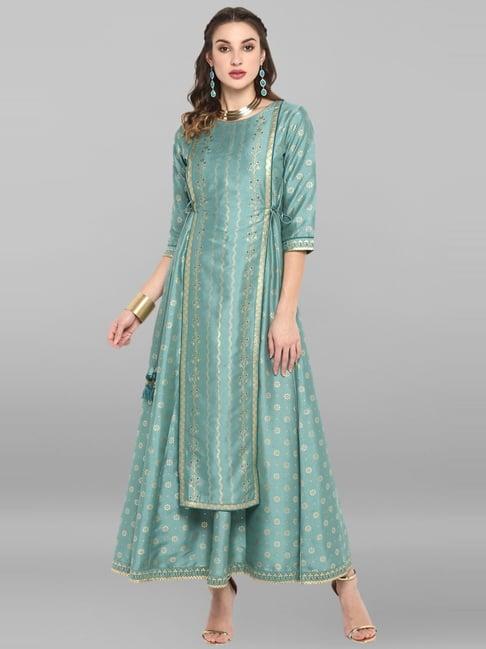 janasya teal blue printed maxi dress