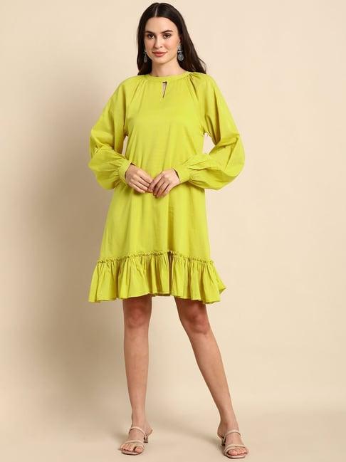 janasya lime yellow cotton a-line dress