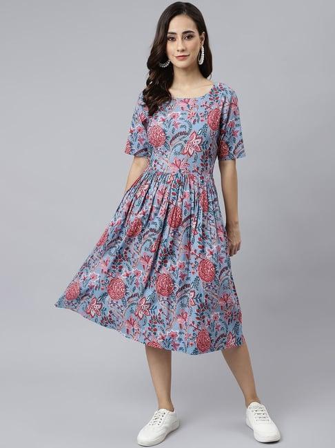 janasya blue & pink cotton floral print a-line dress