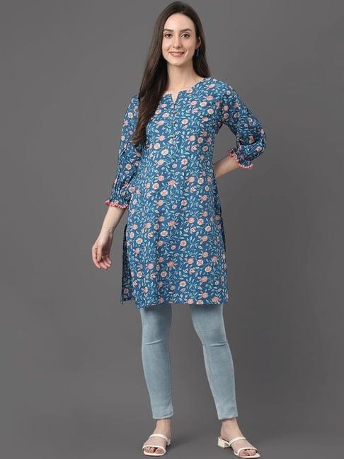 janasya blue cotton floral print tunic