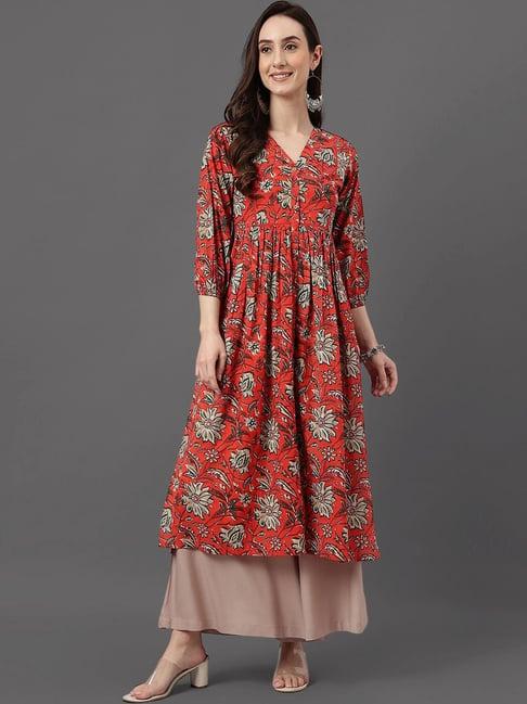 janasya orange cotton floral print straight kurta