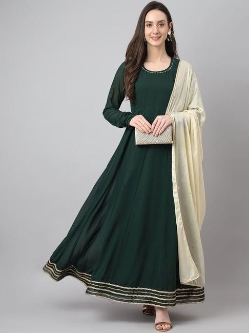 janasya bottle green a line kurta with dupatta